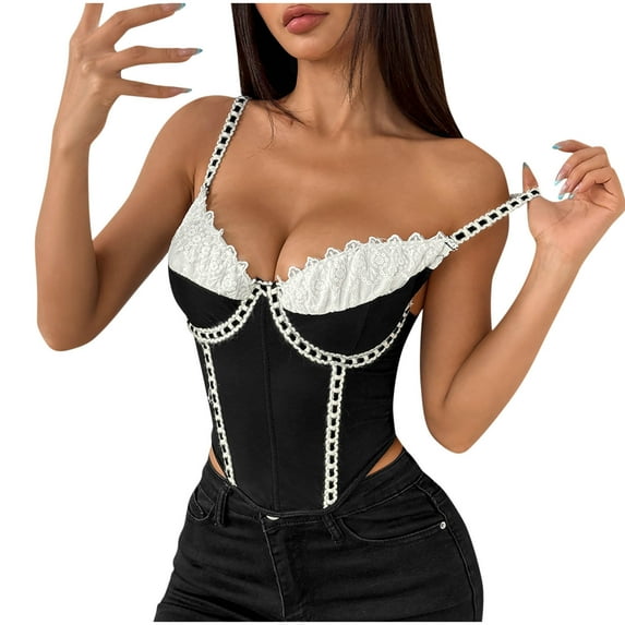Women's Lace Corset Top with Adjustable Straps V Neck Sleeveless Bustier Black M