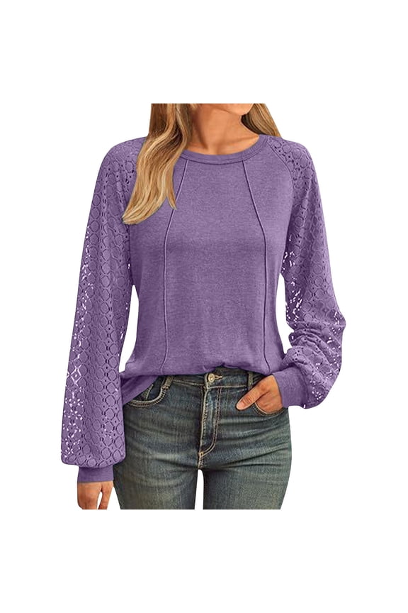 Women's Lace Crochet Raglan Long Sleeve Tops Crew Neck Loose Lightweight Fall Elegant Blouses