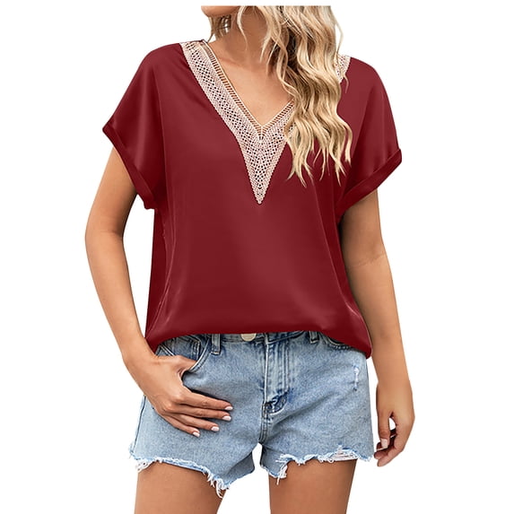 Women's Lace Crochet Trim V Neck Short Sleeve Shirt Colorblock Blouse Top Summer Casual Comfy Tunics Loose Fit Tshirts