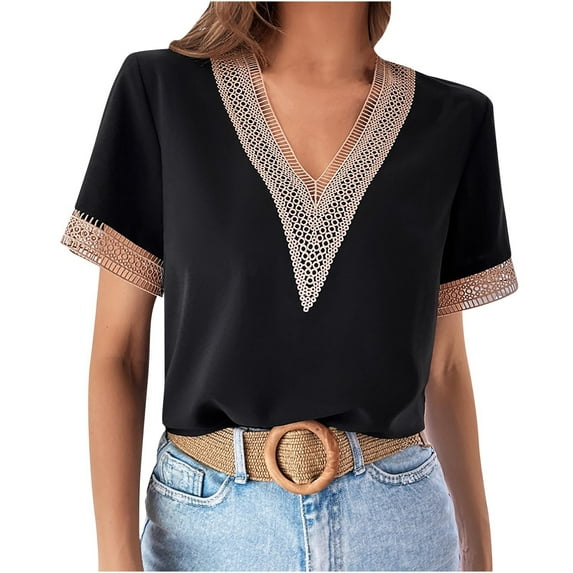 Women's Lace Crochet Trim V Neck Short Sleeve Shirt Colorblock Blouse Top Summer Casual Comfy Tunics Loose Fit Tshirts