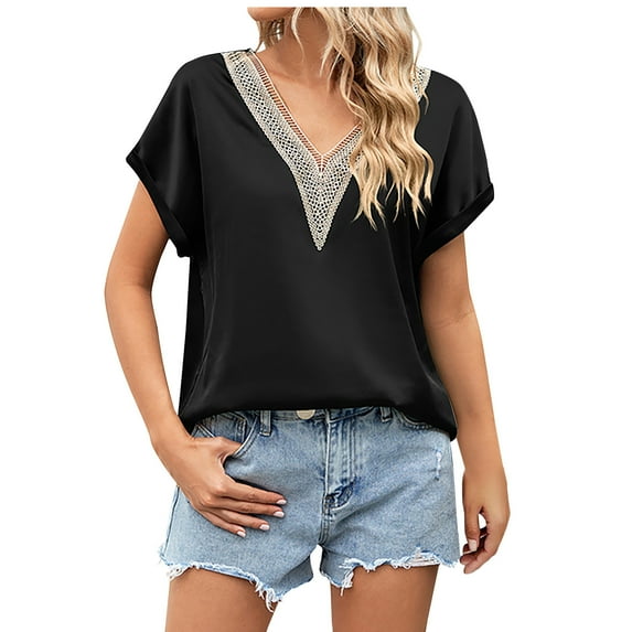 Women's Lace Crochet Trim V Neck Short Sleeve Shirt Colorblock Blouse Top Summer Casual Comfy Tunics Loose Fit Tshirts