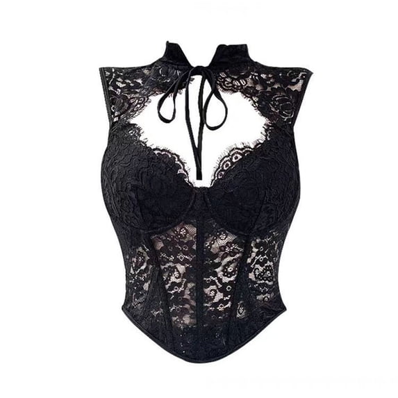 Women's Lace Cropped Corset Tops Cutout V-Neck Sheer Mesh Back Slim Fitting Bustier Tank Vests Black L