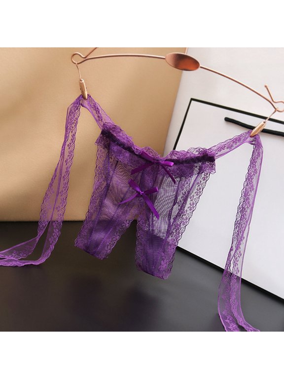 Women's Lace Crotchless Low Waist Seamless Transparent Hot Strappy Mesh Thong Panties No Wear Underwear, Purple