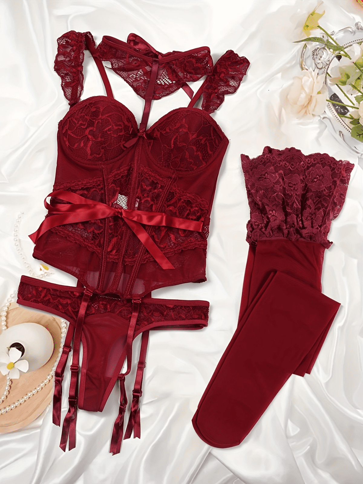 Women's Lace Cutout Waist Garter Tights Lingerie Set Push Up Slim-fit Lingerie Set