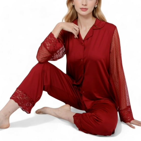 Women's Lace Detail 2-Piece Sleepwear Set with Soft Fabric and Relaxed Fit - X Large, Red