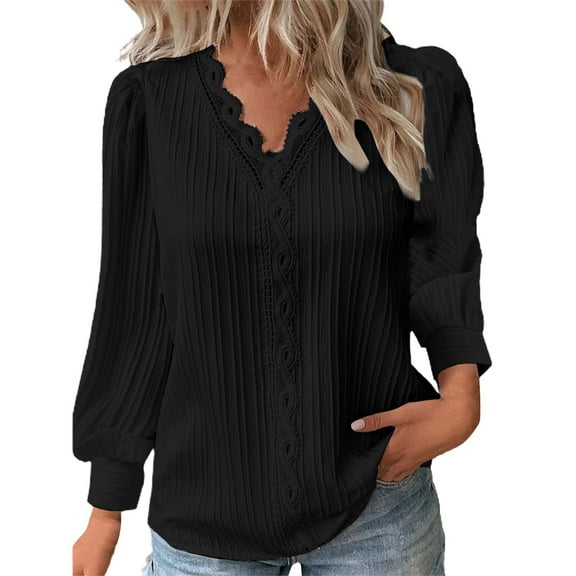 Women's Lace Detail Blouse V Neck Long Sleeve Flowy Casual Everyday Top Black L