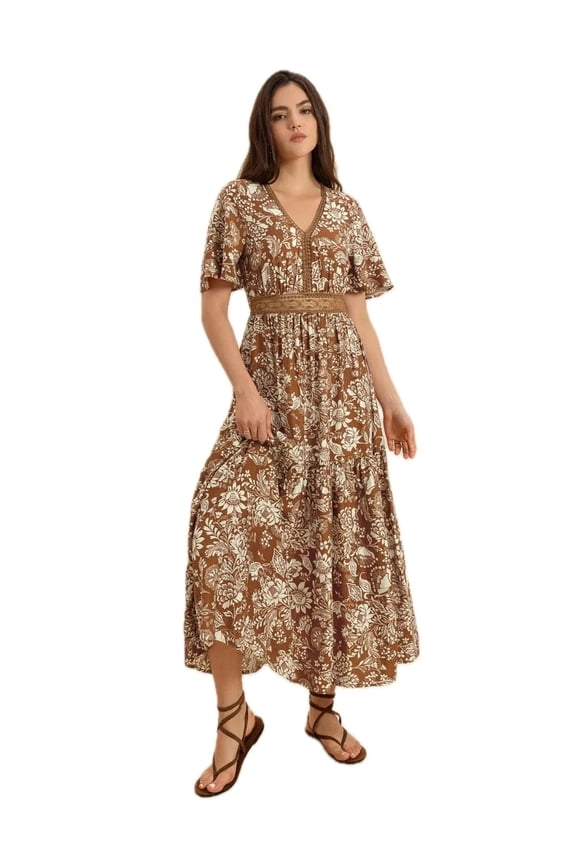 Women's Lace Detail Printed Short Sleeve Midi Dress with Delicate Ruched Effect in 100% Viscose for Everyday Elegant