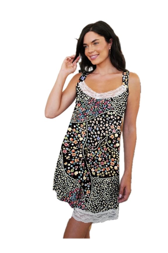 Women's Lace Detail Printed Wide Strap Mini Dress with Sheer Overlay and Slight Stretch 95% polyester 5% spandex