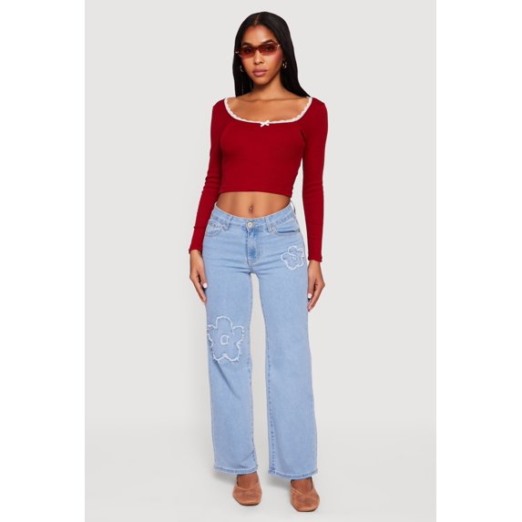 Women's Lace Detail Scoop Neck Long Sleeve Crop Top