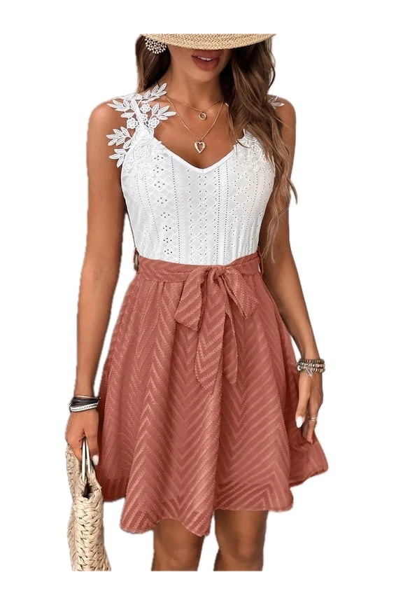 Women's Lace Detail Tie Waist Mini Cami Dress Featuring Belted Silhouette and Sheer Bodice 95% polyester 5% elastane