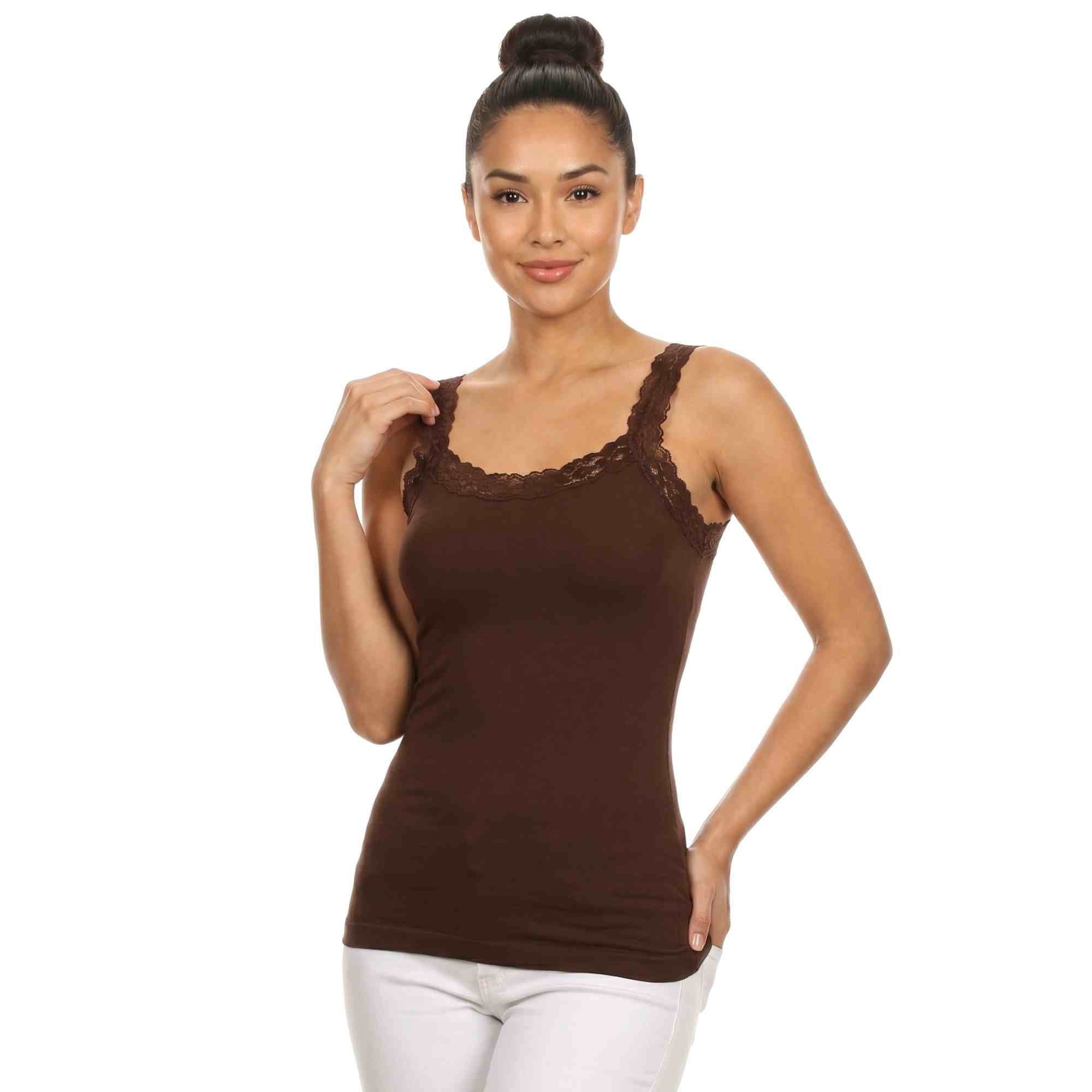 トップス theredthread lace trim layer cami brown Women's Sexy Long Sleeve Layering Blouse Cami Top with Lace Detail