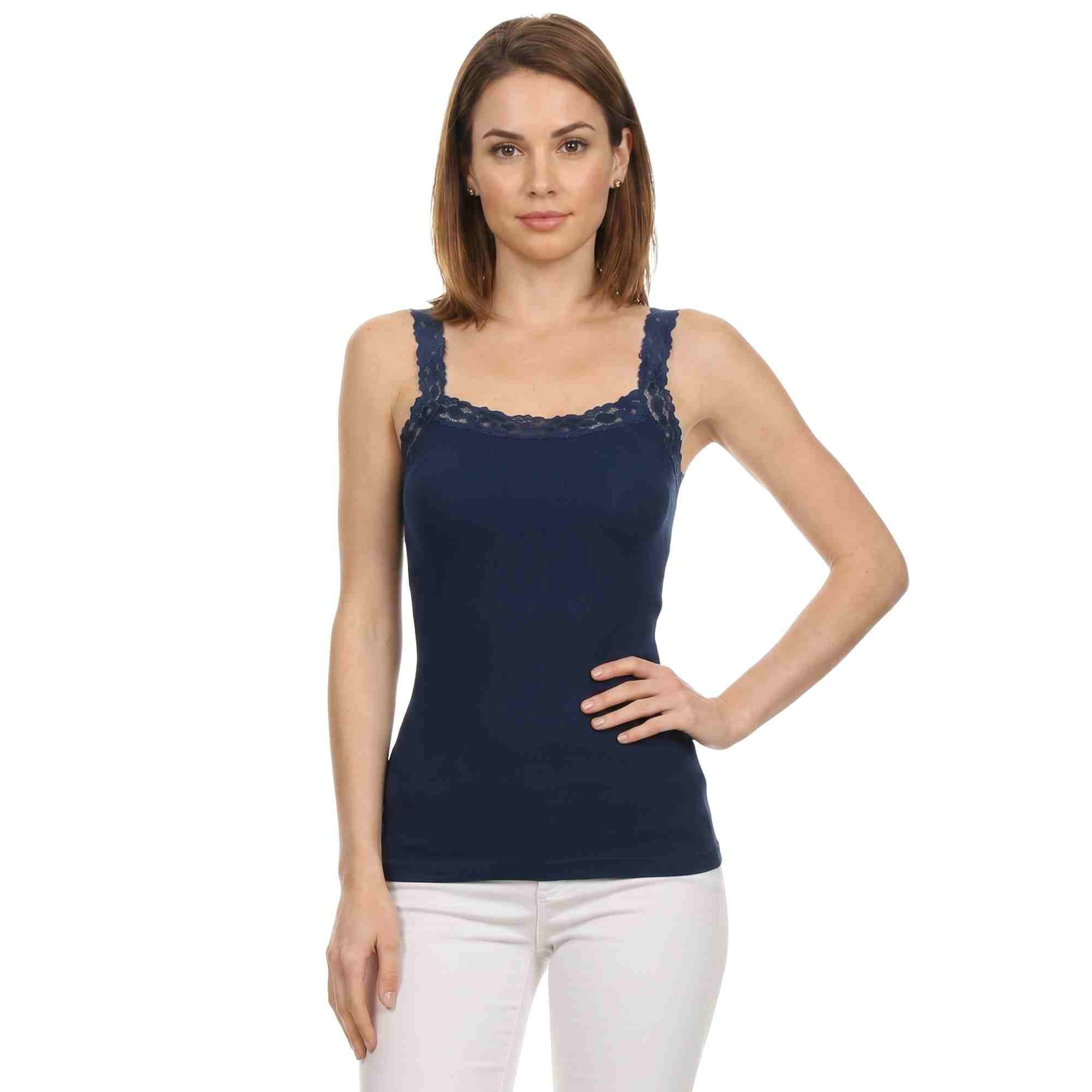 COUVER Women's 1-Inch Lace Trim Scoop Neck Cami Top Purple One