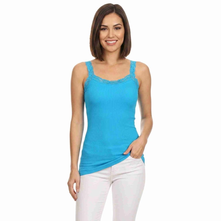 COUVER Women's 1-Inch Lace Trim Scoop Neck Cami Top Turquoise One