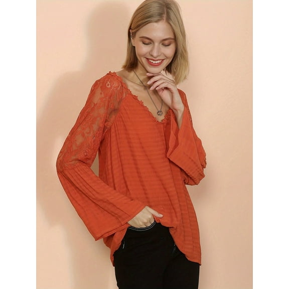 Women's Lace Detail V-Neck Blouse with Bell Sleeves- Large, Orange