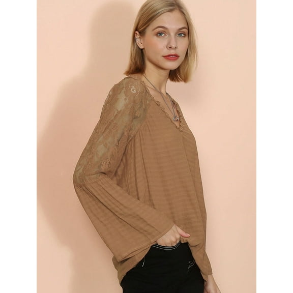 Women's Lace Detail V-Neck Blouse with Bell Sleeves- Small, Rustic Tan