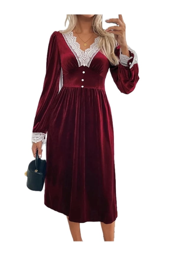 Women's Lace Detail V Neck Long Sleeve Midi Dress Ruched with 95% polyester and 5% elastane flattering silhouette