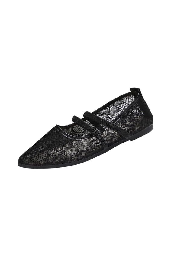 Women’s Lace Double Strap Pointed Toe Mary Jane Flats, Breathable See Through Casual Daily Shoes