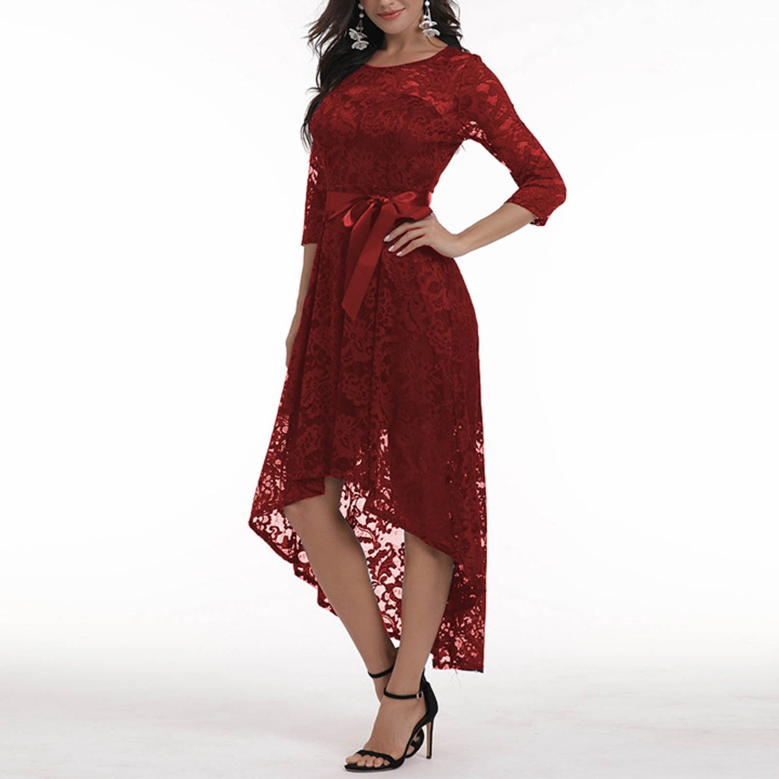 Women's Lace Dress Bow Belt Elegant Irregular Length Dress Sleeveless