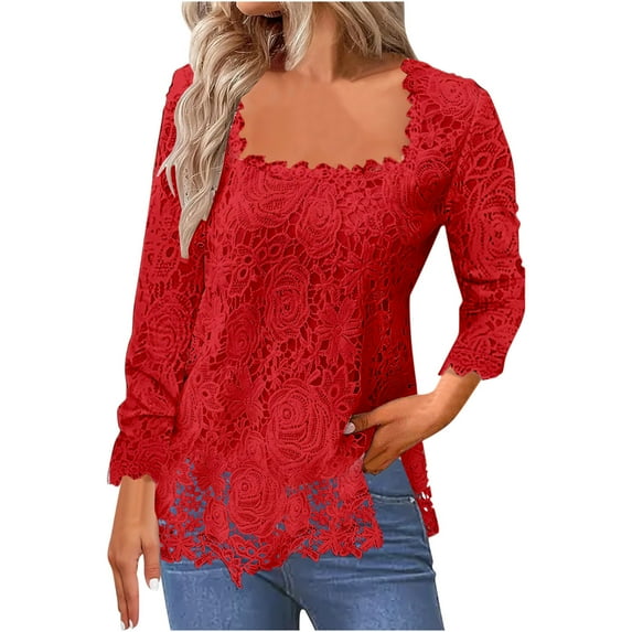 Women's Lace Dressy Tops Long Sleeve Square Neck Solid Tunic Shirts Hollow Out Elegant Ladies Pullover Blouses Red,S