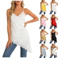 thumbnail image 1 of Women's Lace Embellished Tops Satin Spaghetti Strap Deep V Neck Tank Top Asymmetrical Hem Soft Daily Going Out Summer Camisole, #02 Beige, XL, 1 of 7