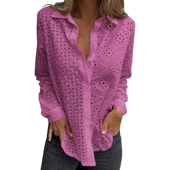 Women's Lace Embroidery Long Sleeve Blouse, Hollow Out Embroidered Button Up Fashion Shirt with Lapel Collar,Elegant Crochet Design for Spring Summer Season,Office Wear, and Special Occasions Purple