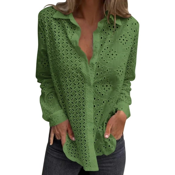 Women's Lace Embroidery Long Sleeve Blouse, Hollow Out Embroidered Button Up Fashion Shirt with Lapel Collar,Elegant Crochet Design for Spring Summer Season,Office Wear, and Special Occasions Green L