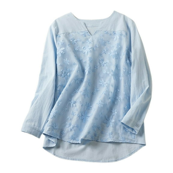 Women's Lace Embroidery Long Sleeve Loose Linen T-Shirt, V-Neck, Solid Color, Comfortable & Stylish, Various Sizes