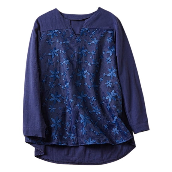 Women's Lace Embroidery Long Sleeve Loose Linen T-Shirt, V-Neck, Solid Color, Comfortable & Stylish, Various Sizes