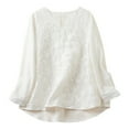 thumbnail image 1 of Women's Lace Embroidery Long Sleeve Loose Linen T-Shirt, V-Neck, Solid Color, Comfortable & Stylish, Various Sizes, 1 of 6