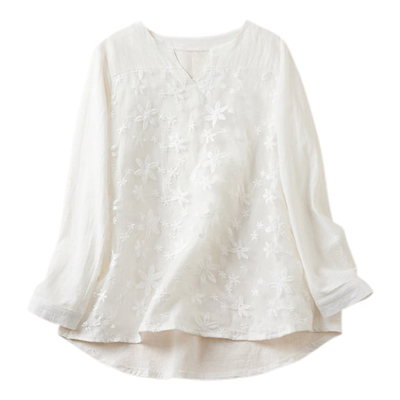 Women's Lace Embroidery Long Sleeve Loose Linen T-Shirt, V-Neck, Solid Color, Comfortable & Stylish, Various Sizes