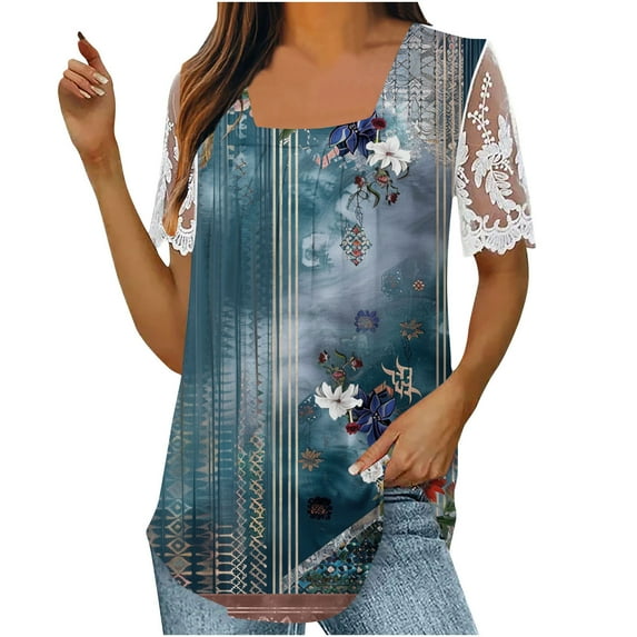 Women's Lace Embroidery Short Sleeve Pleated Flowy Shirts Dressy Tops Summer Clothes for Teen Girls Boho Flora Print Fashion 2024 Vintage Belly-Hiding Swing Blouse Square Neck Tunic Blue T Shirts L