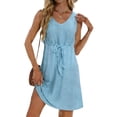 thumbnail image 1 of Women's Lace Eyelet A Line Dresses V Neck Sleeveless Tie Waist Mini Dress Casual Summer Dress Vacation Beach Daily Outfits Light Blue XL, 1 of 6