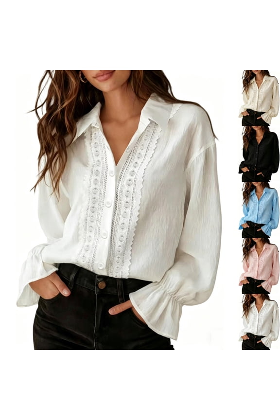 Women's Lace Eyelet Puff Long Sleeve Button Down Blouse V Neck Spread Collar Ruffle Cuff Dressy Casual Tops for Work Office, White, S