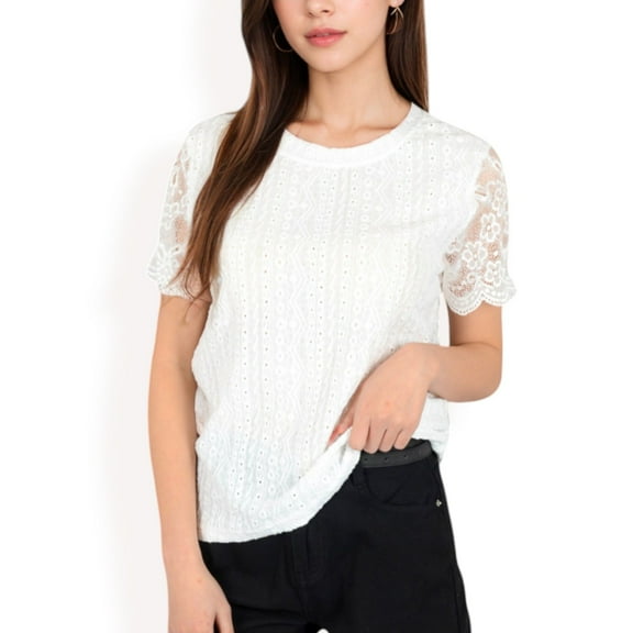 Women's Lace Eyelet Top with Scalloped Short Sleeves and Embroidered Details- White,Small