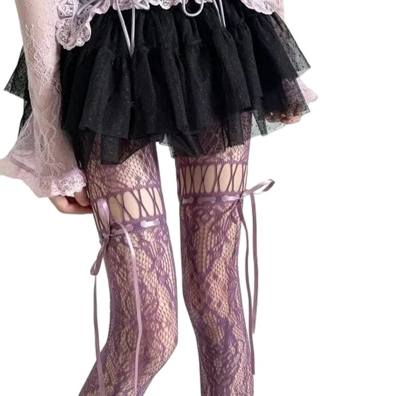 Women's Lace Fishnet Tights Sheer Hollow Out Pantyhose Vintage Patterned Mesh Stockings Full Foot Retro Hosiery for Party Daily Wear Under Skirts Dresses Purple