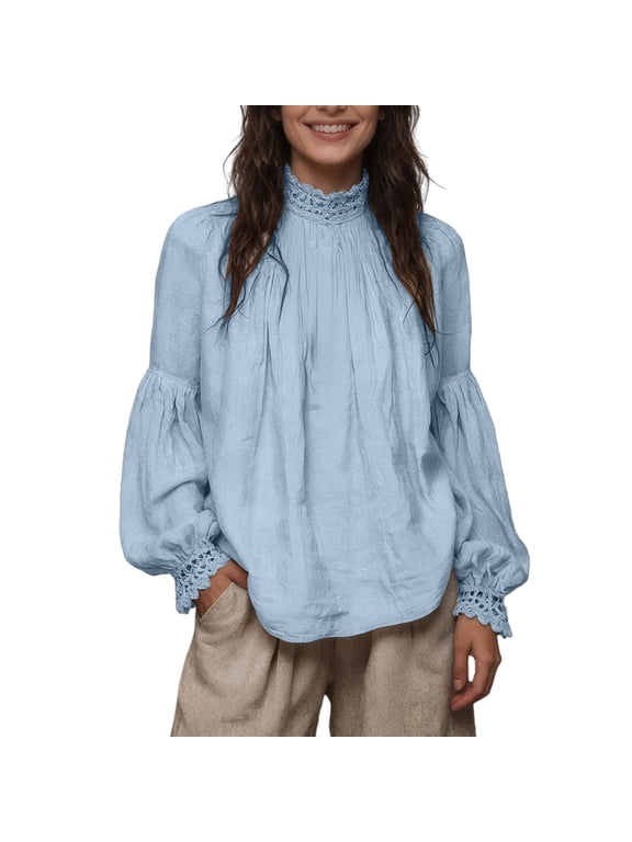 Women’s Lace Flared Long Sleeve Blouse Lace Poplin Ruffle Mesh Crew Neck Swing Babydoll Tops Elegant Loose Boho Shirts Bohemian Vintage Casual,Countryside Hiking,Boho Music Festivals Light Blue