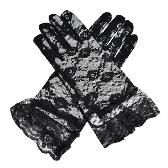 Women's Lace Floral Gloves with Ruffled Cuffs Elegant Short Vintage for Wedding Black Free Size