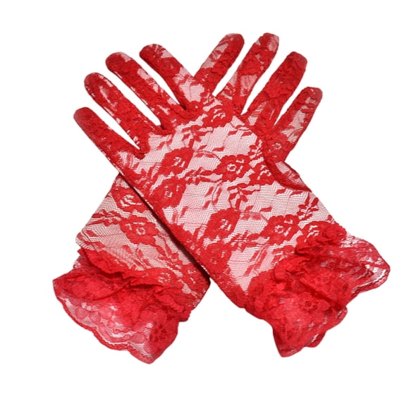 Women's Lace Floral Gloves with Ruffled Cuffs Elegant Short Vintage for Wedding Red Free Size
