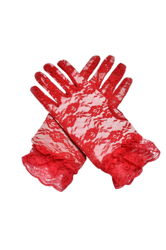 Women's Lace Floral Gloves with Ruffled Cuffs Elegant Short Vintage for Wedding Red Free Size