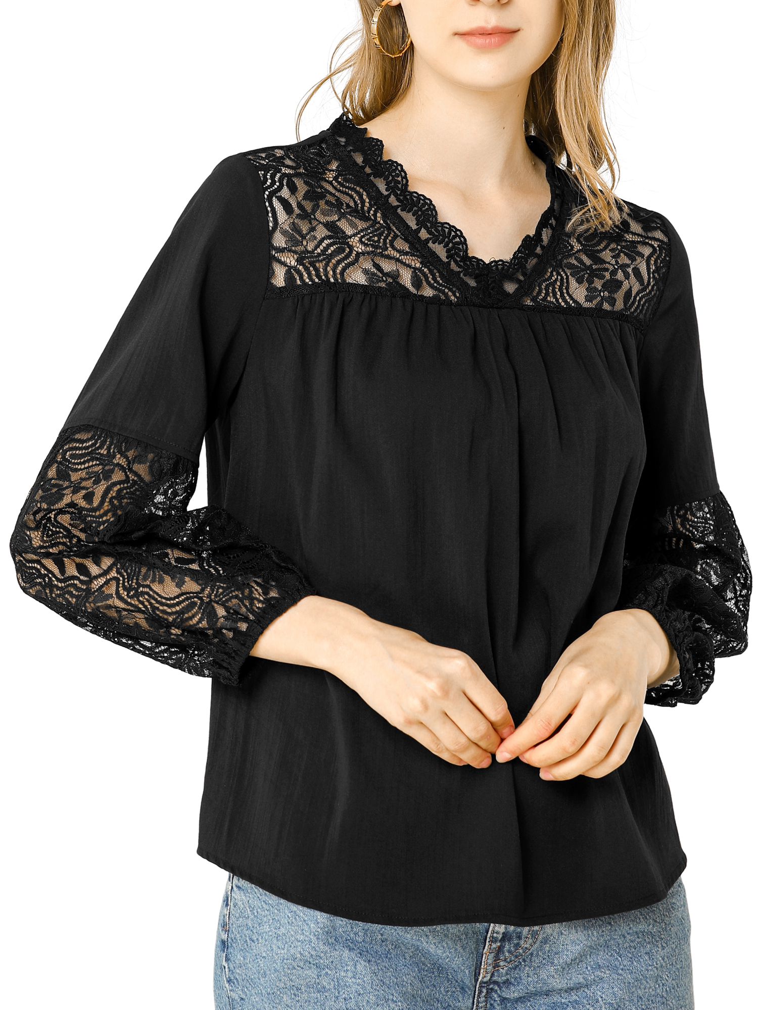Women's Lace Floral Peasant Patchwork Long Puff Sleeve V Neck Blouse - image 1 of 6
