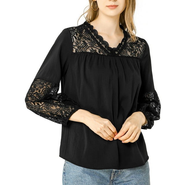 Women's Lace Floral Peasant Patchwork Long Puff Sleeve V Neck Blouse