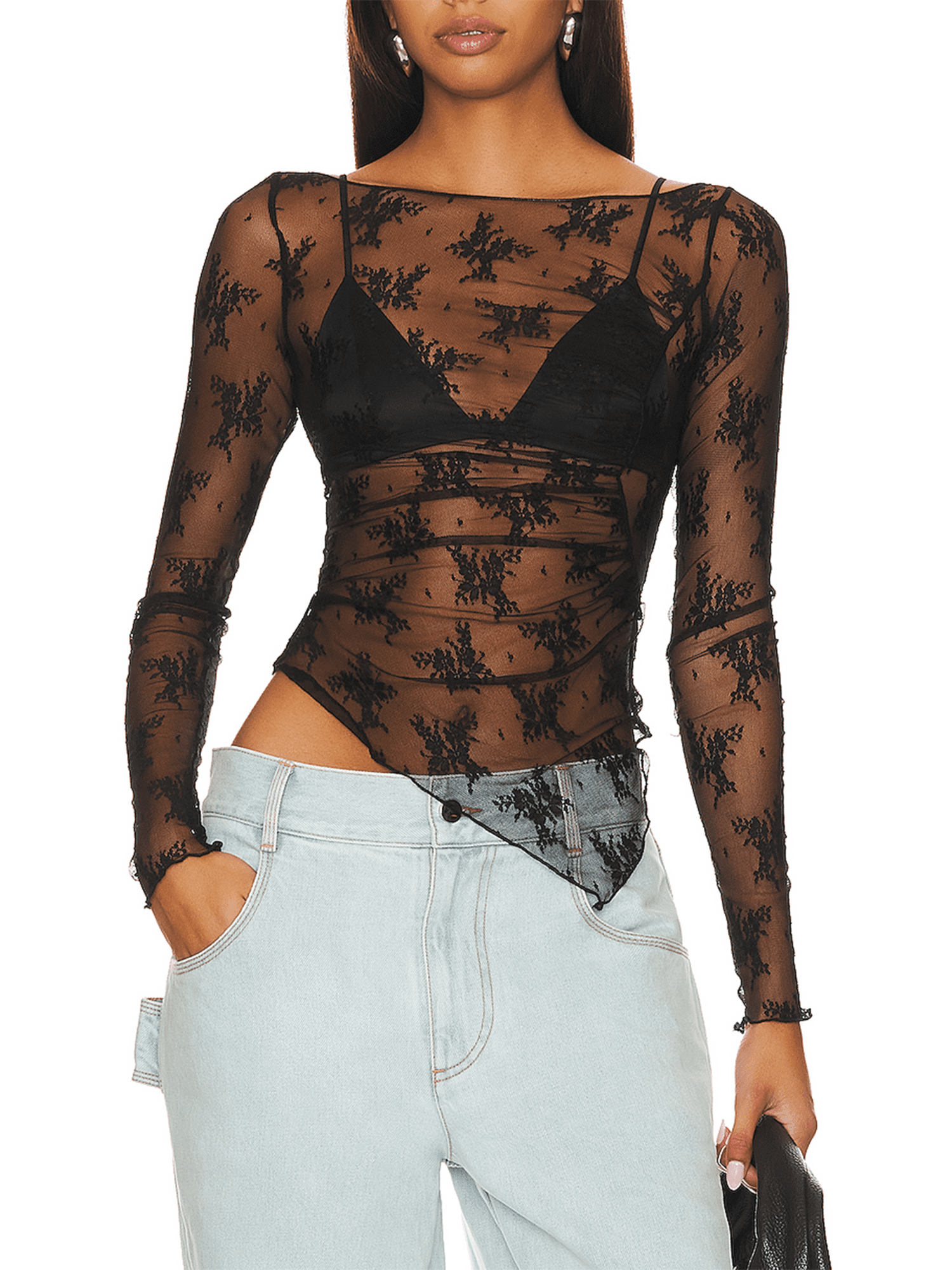 Women Long Sleeve Crop Tops Lace Mesh See-Through Long Sleeve Tie-Up Casual  T-Shirts Spring Slim Shirts Streetwear (Black 99, L)