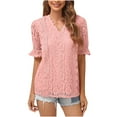 thumbnail image 1 of Women's Lace Floral Short Sleeves Tops V Neck Solid Summer Casual Comfy T Shirts Elegant Fashion Tuncis Blouses Pullover, 1 of 2