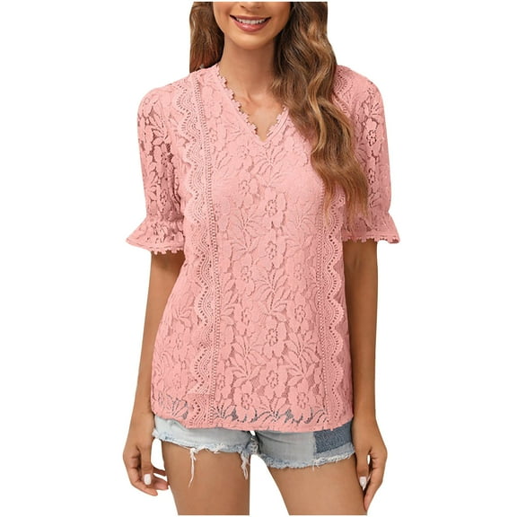 Women's Lace Floral Short Sleeves Tops V Neck Solid Summer Casual Comfy T Shirts Elegant Fashion Tuncis Blouses Pullover