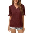 thumbnail image 1 of Women's Lace Floral Short Sleeves Tops V Neck Solid Summer Casual Comfy T Shirts Elegant Fashion Tuncis Blouses Pullover, 1 of 4