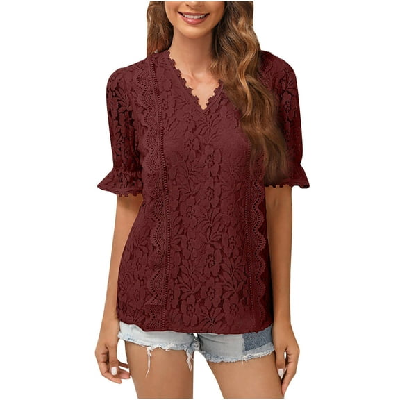 Women's Lace Floral Short Sleeves Tops V Neck Solid Summer Casual Comfy T Shirts Elegant Fashion Tuncis Blouses Pullover