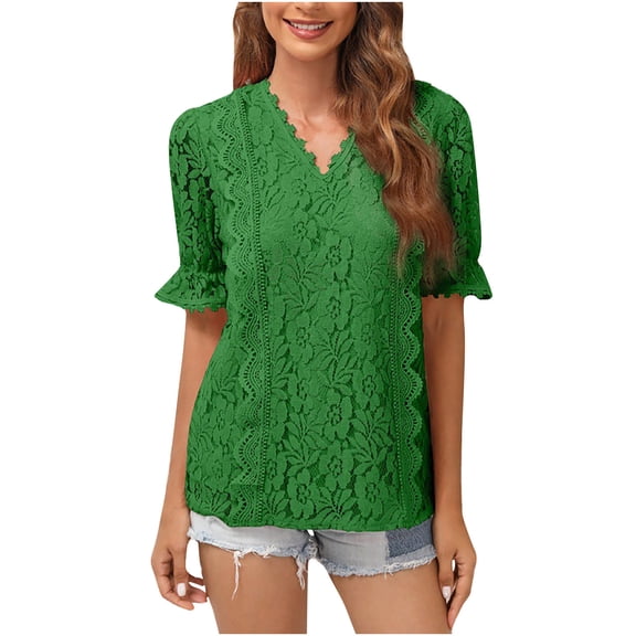Women's Lace Floral Short Sleeves Tops V Neck Solid Summer Casual Comfy T Shirts Elegant Fashion Tuncis Blouses Pullover