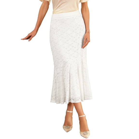 Women's Lace Floral Skirts Ruffle Hem High Waist Cocktail Midi Skirt S White