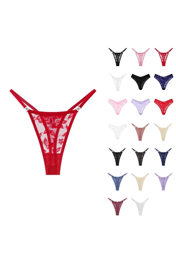 Women's Lace Floral Thong Panties, Sexy Low Rise Comfortable Breathable Embroidered with Double Straps for Daily Wear