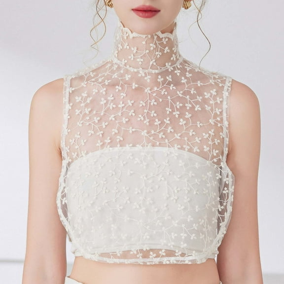 Women's Lace Flower Blouse with Delicate Floral Detachable of Clothes Color Half Shirt Button down Shirt Women Colla Shirt Layering Snap on Shirts for Women Choker Style Tops Blouse Necklace